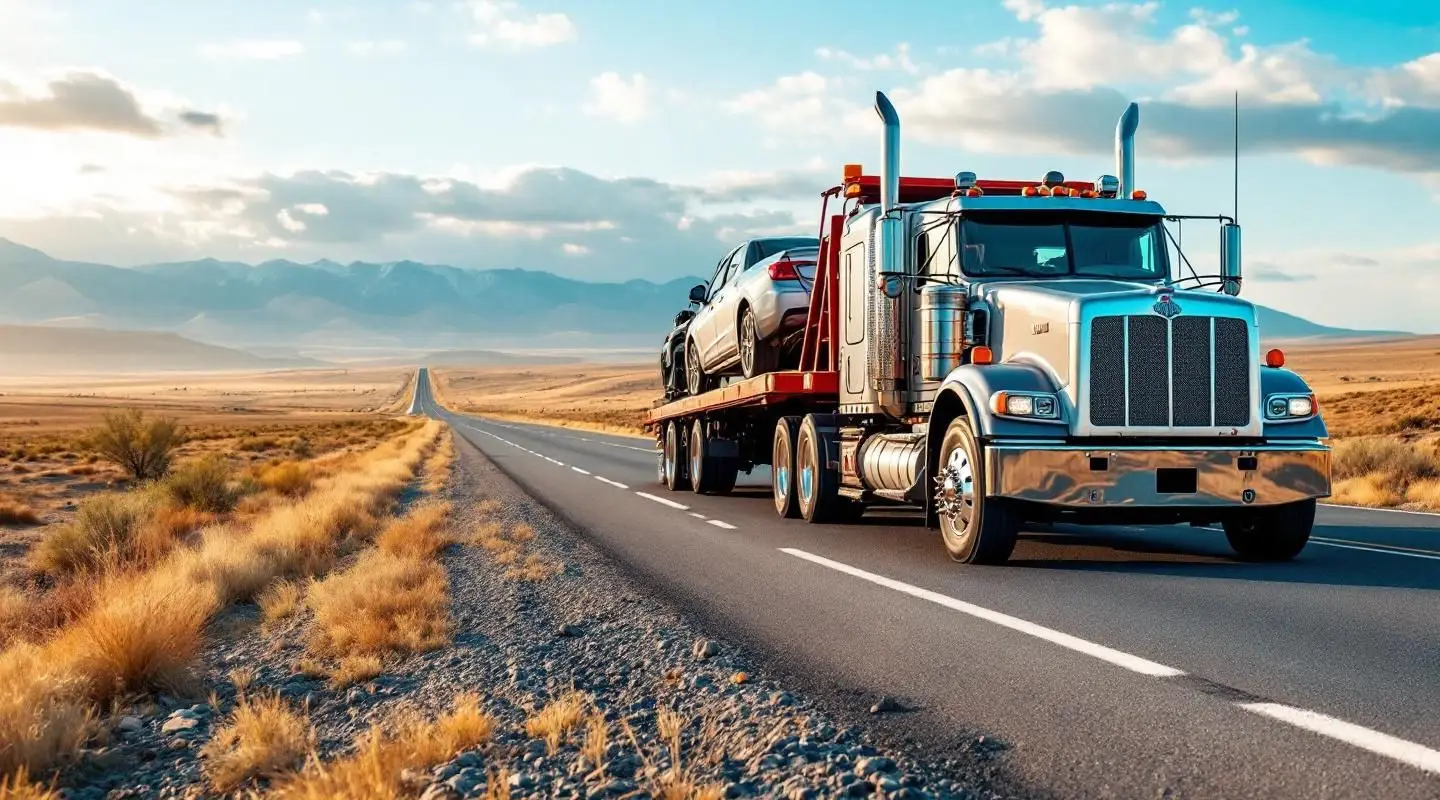 A professional flatbed tow truck transporting a vehicle along Interstate 10 near Tucson during sunset.
