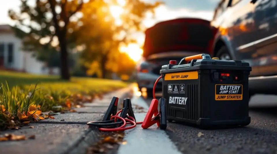 Roadside technician connecting heavy-duty booster cables to a dead car battery under the hot Tucson sun.