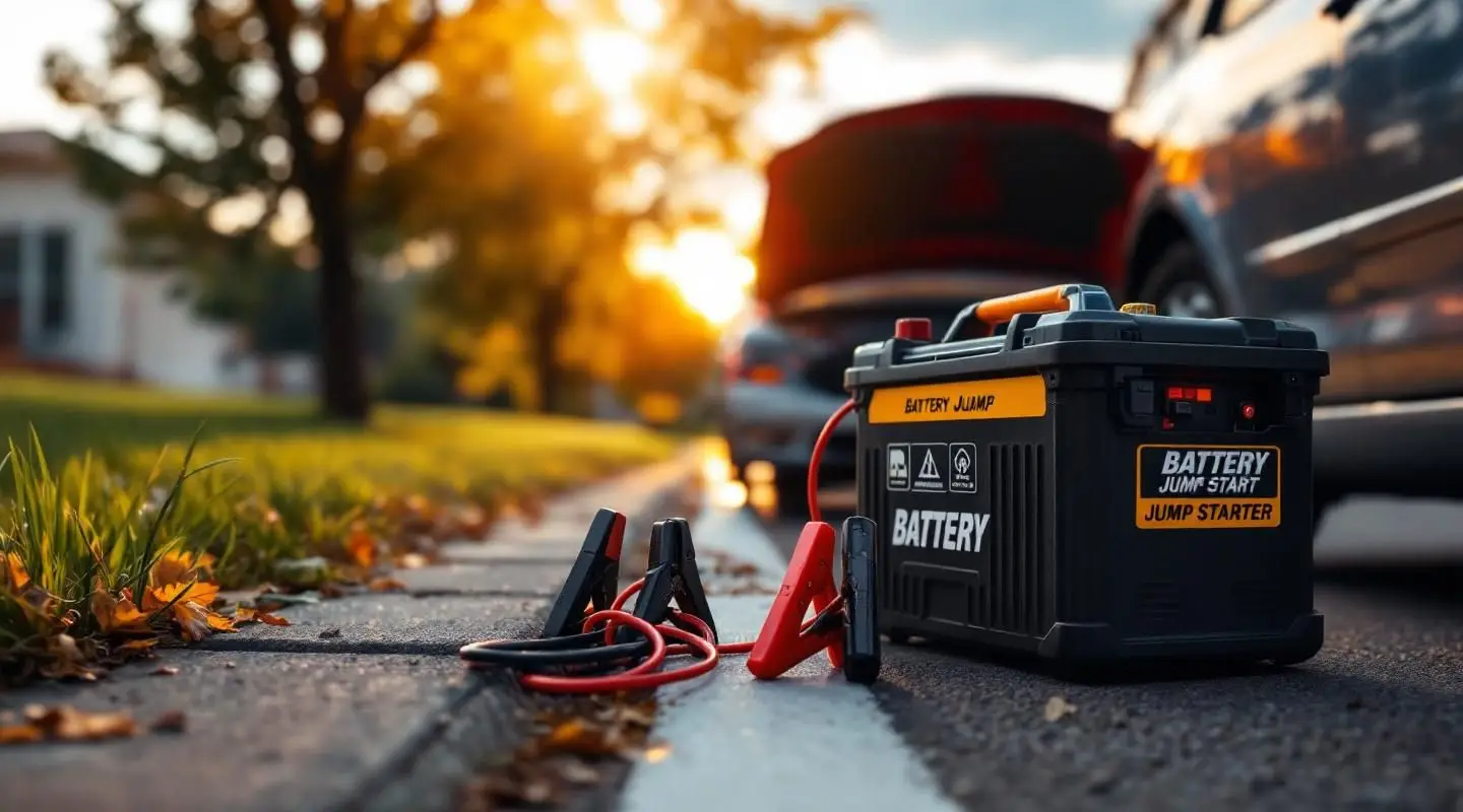 Roadside technician connecting heavy-duty booster cables to a dead car battery under the hot Tucson sun.