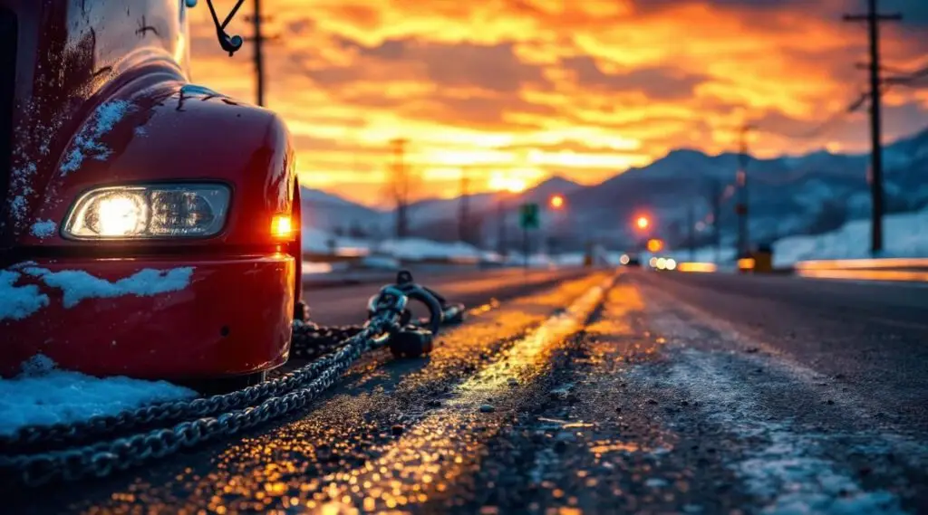 A flatbed tow truck loading a disabled sedan on a Oro Valley street, showing professional vehicle recovery at sunset.