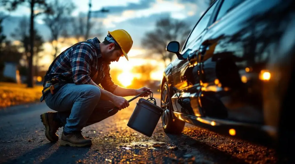 A professional tow operator safely unlocking a sedan door on a Oro Valley street at dusk, using non-destructive tools.