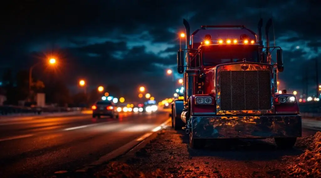 A professional flatbed tow truck with flashing amber lights loading a disabled vehicle on a Oro Valley highway at dusk.