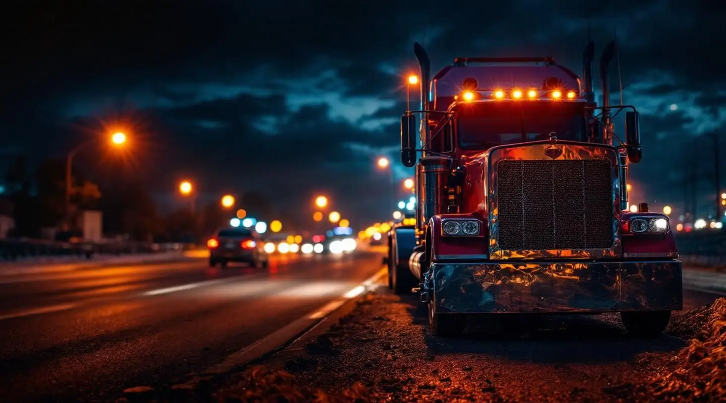 A professional flatbed tow truck with flashing amber lights loading a disabled vehicle on a Tucson highway at dusk.