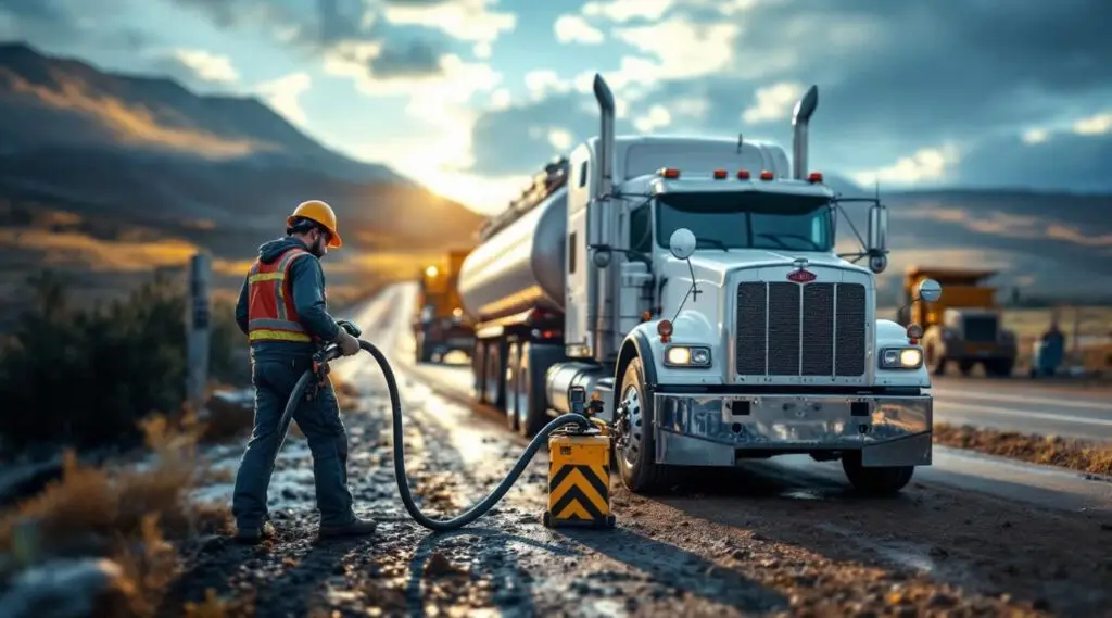 Mustafa Towing operator delivering fuel to a stranded car on a Oro Valley roadside under a warm desert sunset.