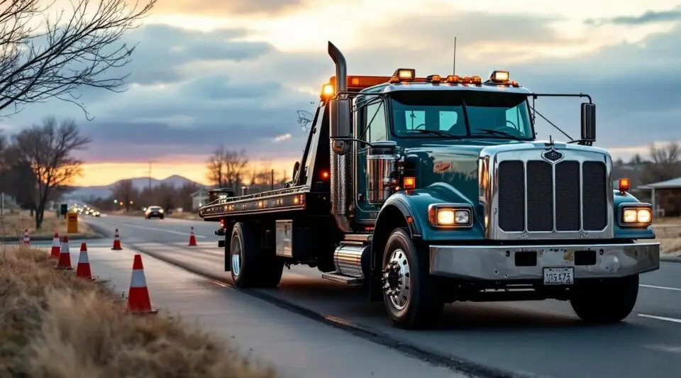 A professional flatbed tow truck loading a disabled vehicle on a Tucson road at sunset, with the desert mountains in the background.