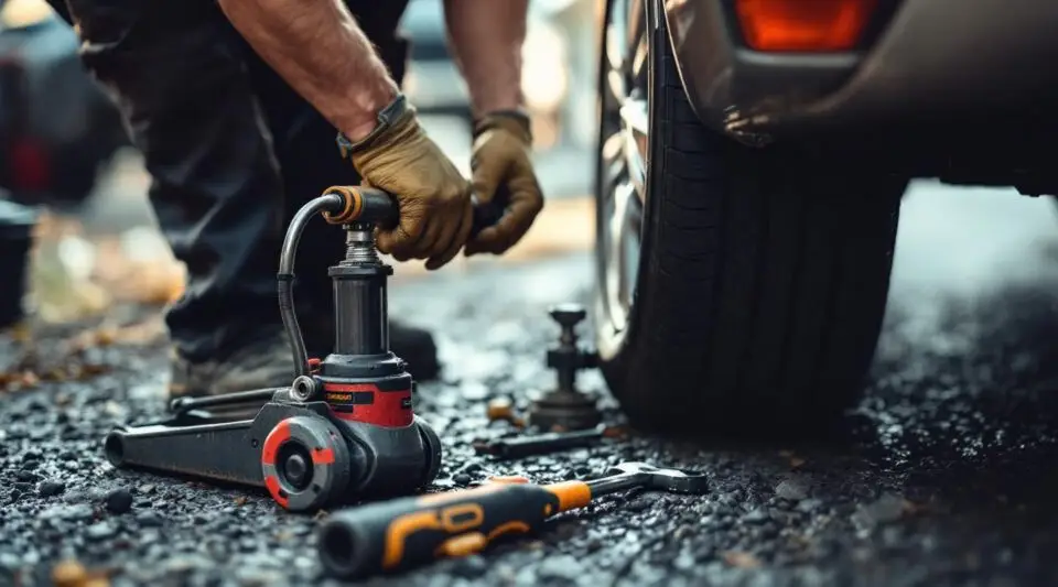 Professional roadside technician changing a flat tire on a vehicle parked along a Tucson highway shoulder at sunset.