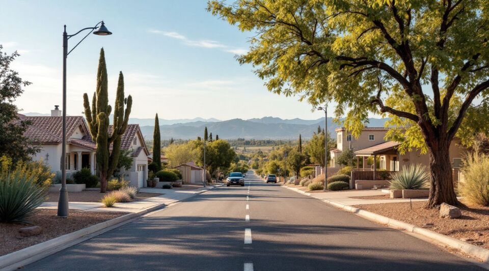 A flatbed tow truck parked along the Oracle Road corridor in Casas Adobes, Arizona, against a backdrop of desert saguaros and the Santa Catalina Mountains.