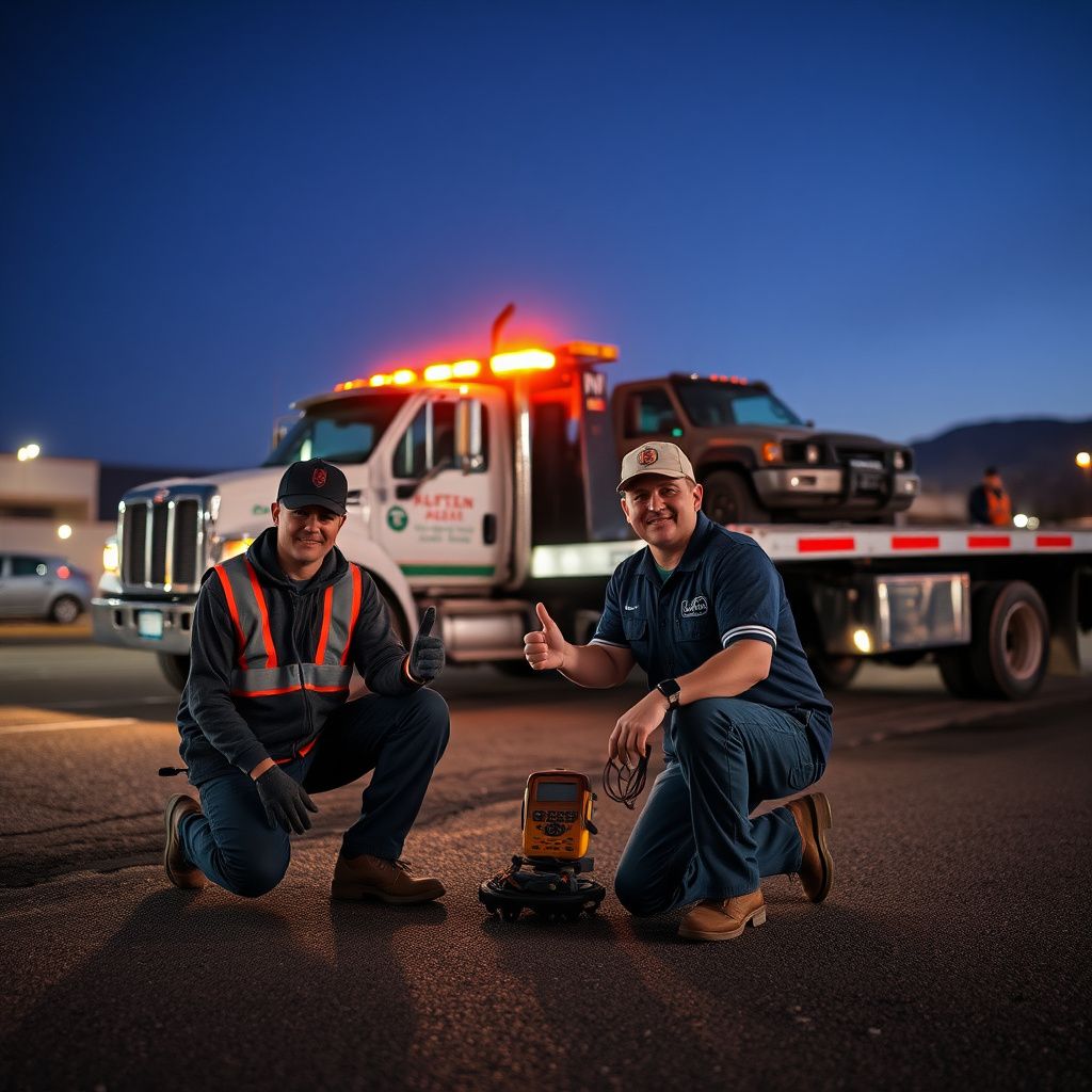 A professional flatbed tow truck prepared to assist a stranded motorist on a scenic desert road in Vail, Arizona.