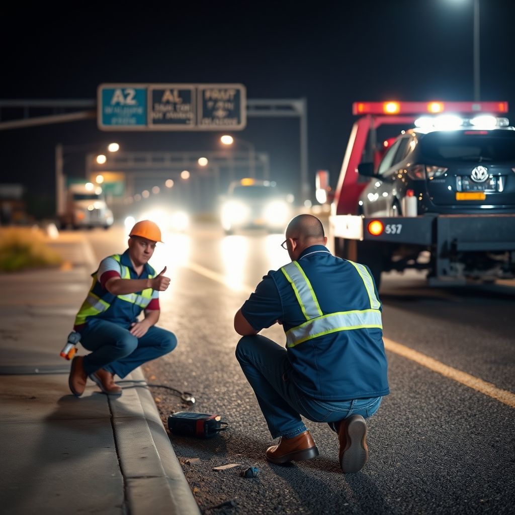A professional tow truck operator securing a vehicle onto a flatbed in Tucson, Arizona, wearing high-visibility safety gear.