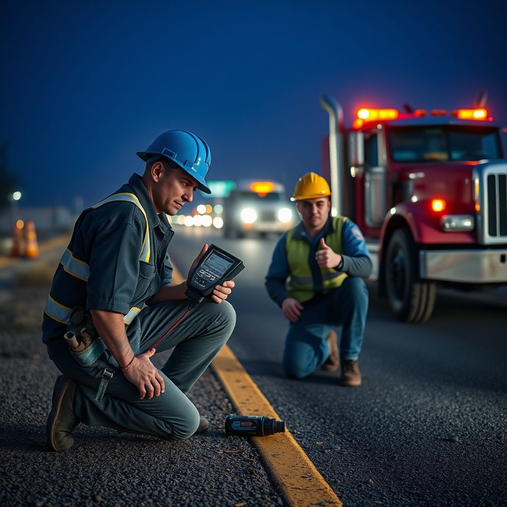 A professional tow truck operator wearing high-visibility safety gear securing a vehicle onto a flatbed in Flowing Wells.