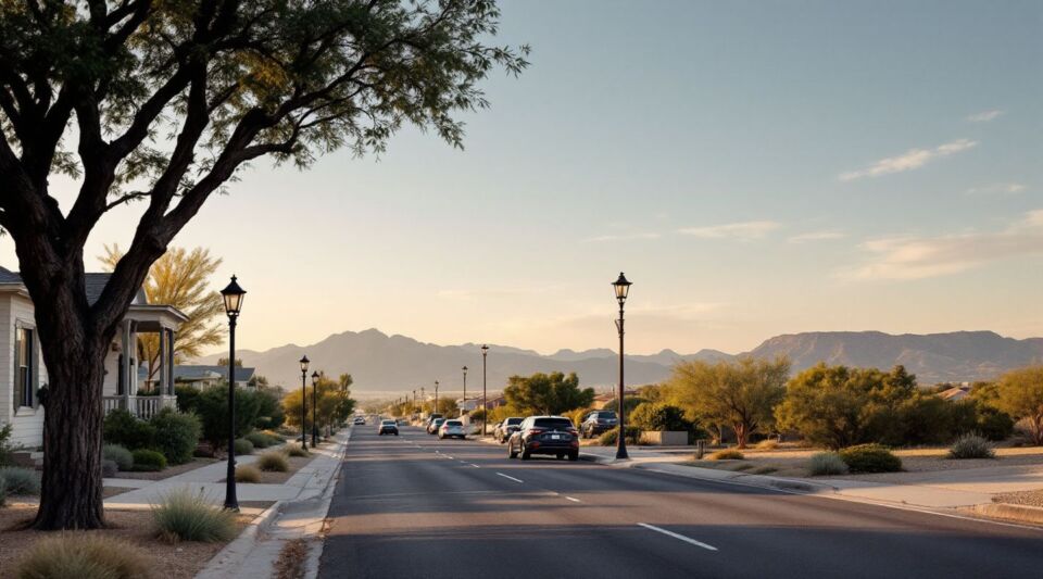 A flatbed tow truck parked safely on the shoulder of Tangerine Road in Marana, Arizona, with the Tortolita Mountains in the background.